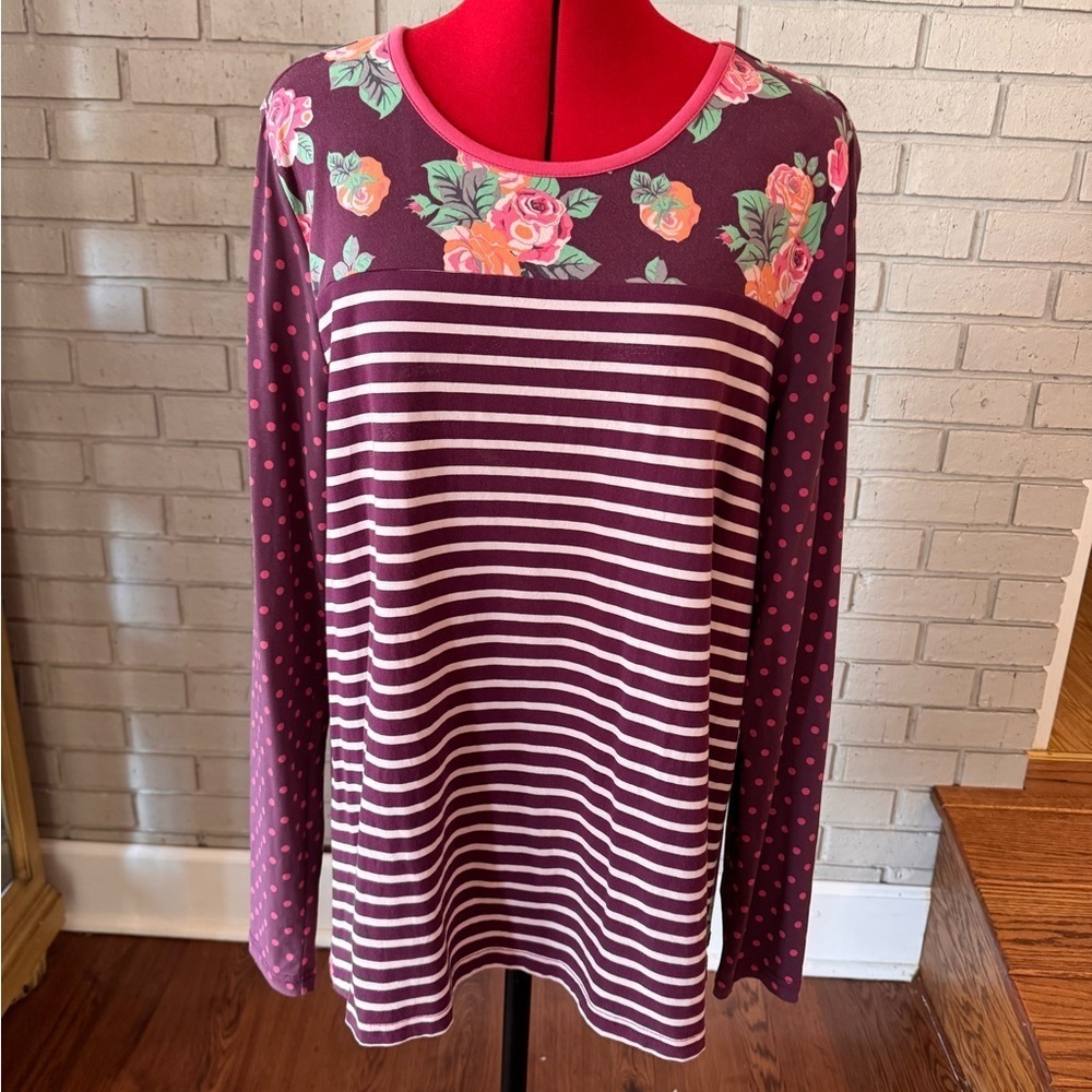 Matilda Jane Floral and Striped Burgundy Top size L excellent condition - Picture 1 of 3